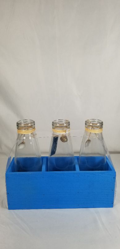 Photo 2 of 3 GLASS BOTTLES WITH BLUE SHELL CADDY NEW 