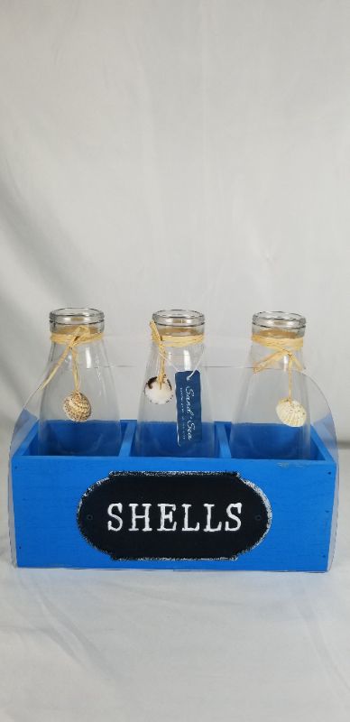 Photo 1 of 3 GLASS BOTTLES WITH BLUE SHELL CADDY NEW 