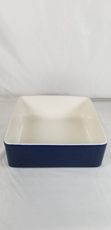 Photo 1 of PORCELAIN CASSEROLE DISH WHITE INSIDE BLUE OUTSIDE 9 X 9 X 3.35H INCHES  NEW 