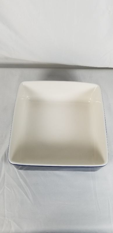 Photo 3 of PORCELAIN CASSEROLE DISH WHITE INSIDE BLUE OUTSIDE 9 X 9 X 3.35H INCHES  NEW 