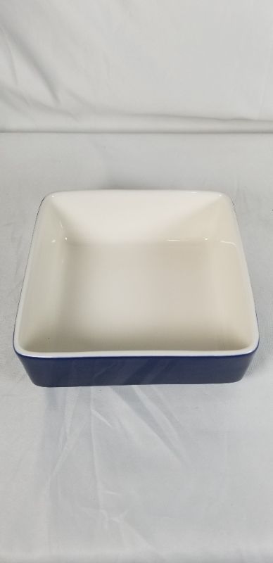 Photo 2 of PORCELAIN CASSEROLE DISH WHITE INSIDE BLUE OUTSIDE 6.75 X 6.75 X 2.5H INCHES