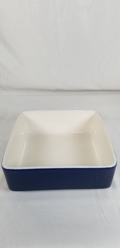 Photo 1 of PORCELAIN CASSEROLE DISH WHITE INSIDE BLUE OUTSIDE 6.75 X 6.75 X 2.5H INCHES