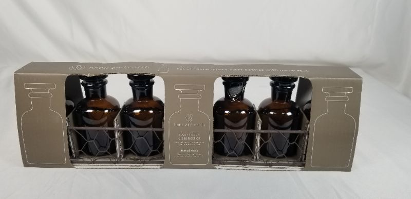 Photo 2 of 7 PC DARK AMBER BOTTLE SET  WITH LIDS AND WITH METAL RACK NEW