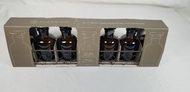 Photo 1 of 7 PC DARK AMBER BOTTLE SET  WITH LIDS AND WITH METAL RACK NEW