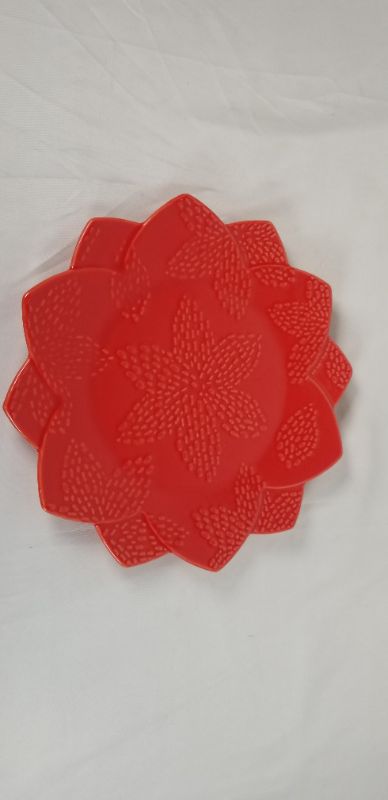 Photo 1 of RED FLOWER SHAPED EMBOSSED CERAMIC 10 INCH PLATE NEW