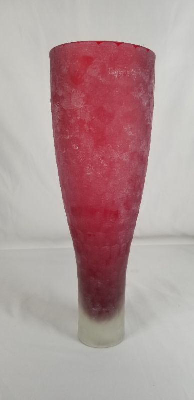 Photo 1 of ROUND CUT GLASS FROASTED RED VASE 13.75H INCHES NEW