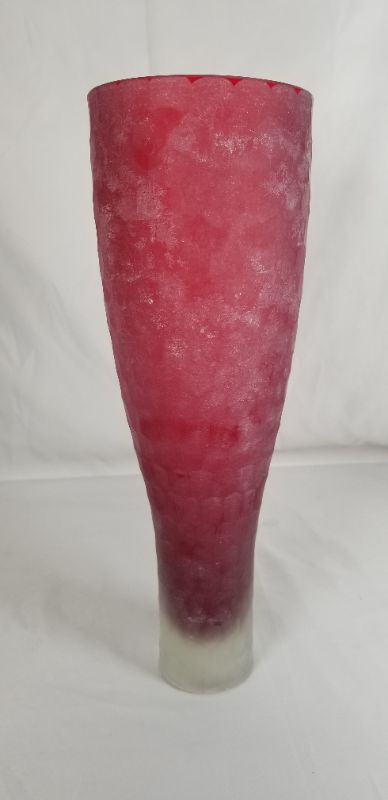 Photo 2 of ROUND CUT GLASS FROASTED RED VASE 13.75H INCHES NEW