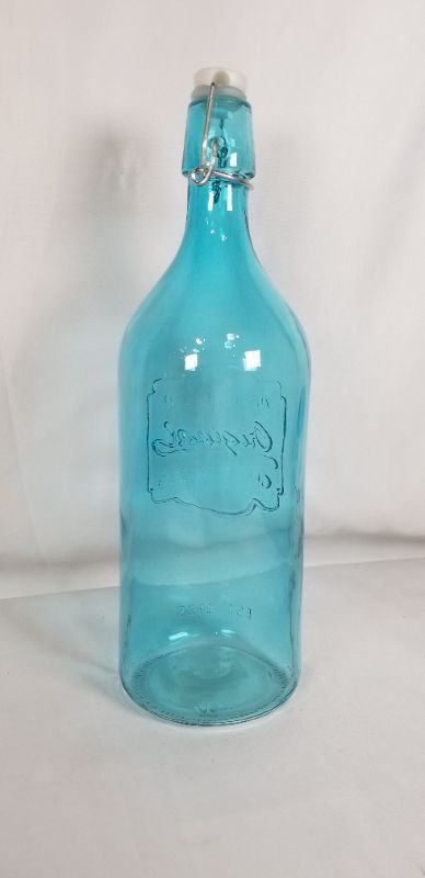 Photo 2 of TURQUOISE GLASS CLIP TOP CRUET EMBOSSED DESIGN 34 OZ NEW