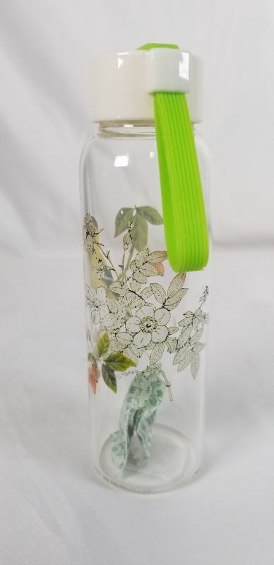 Photo 2 of CLEAR GLASS WATER BOTTLE YELLOW BIRD WITH FLOWERS DESIGN 7.35H INCHES NEW