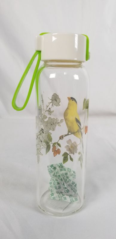 Photo 3 of CLEAR GLASS WATER BOTTLE YELLOW BIRD WITH FLOWERS DESIGN 7.35H INCHES NEW