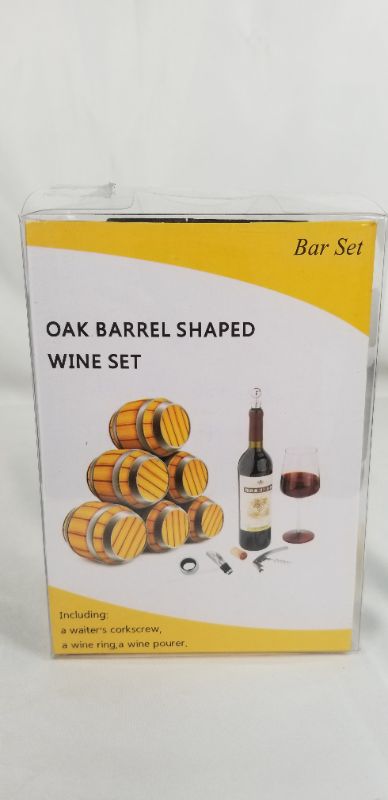 Photo 2 of OAK BARREL SHAPPED WINE SET WITH CORKSCREW WINE RING AND WINE POURER NEW
