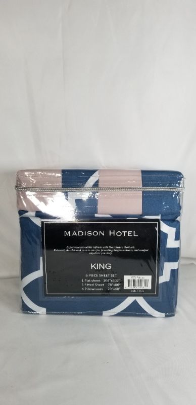 Photo 2 of 6PC BLUE/WHITE/BLUSH HOTEL LUXURY KING SHEET SET NEW 