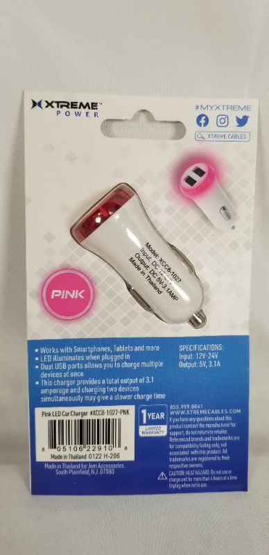 Photo 2 of PINK LIGHT UP LED DUAL PORT CAR CHARGER 3.1A TOTAL POWER NEW 