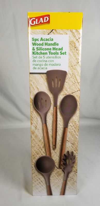 Photo 1 of 5 PC ACACIA WOOD HANDLE AN SILICONE HEAD KITCHEN TOOL SET NEW 