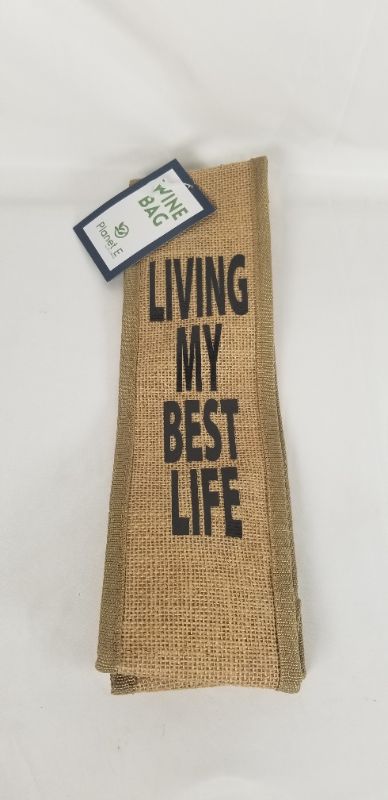 Photo 1 of "LIVING MY BEST LIFE" WINE BAG JUTE REUSABLE HEAVY DUTY NEW