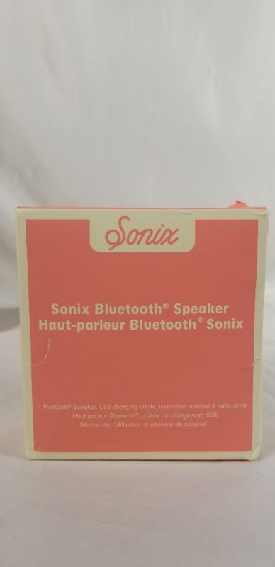 Photo 4 of SONIX BLUETOOTH SPEAKER COLOR: PEACH FUNCTIONS: BLUETOOTH 5.0 BLUETOOTH RANGE: 33FT (10M) OUTPUT POWER: 3W PLAY TIME: UP TO 2 HOURS CHARGING TIME: WITHIN 2.5 HOURS COMPACT & PORTABLE  DIMENSIONS: 1.8"H X 4.3"L X 4"W NEW