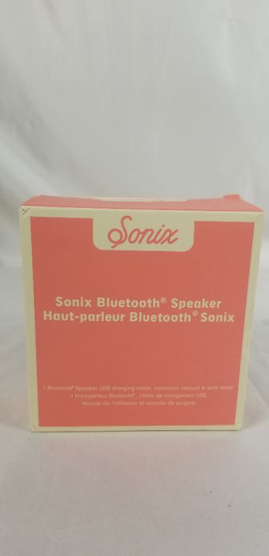 Photo 4 of SONIX BLUETOOTH SPEAKER COLOR: PEACH FUNCTIONS: BLUETOOTH 5.0 BLUETOOTH RANGE: 33FT (10M) OUTPUT POWER: 3W PLAY TIME: UP TO 2 HOURS CHARGING TIME: WITHIN 2.5 HOURS COMPACT & PORTABLE  DIMENSIONS: 1.8"H X 4.3"L X 4"W NEW