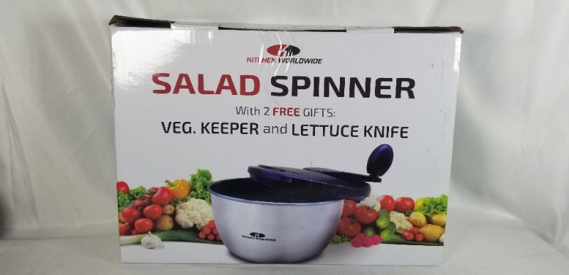 Photo 2 of WORLDWIDE STAINLESS STEEL SALAD SPINNER INCLUDES STAINING BOWL SPIN LID CONTAINER AND SALAD KNIFE NEW IN BOX 