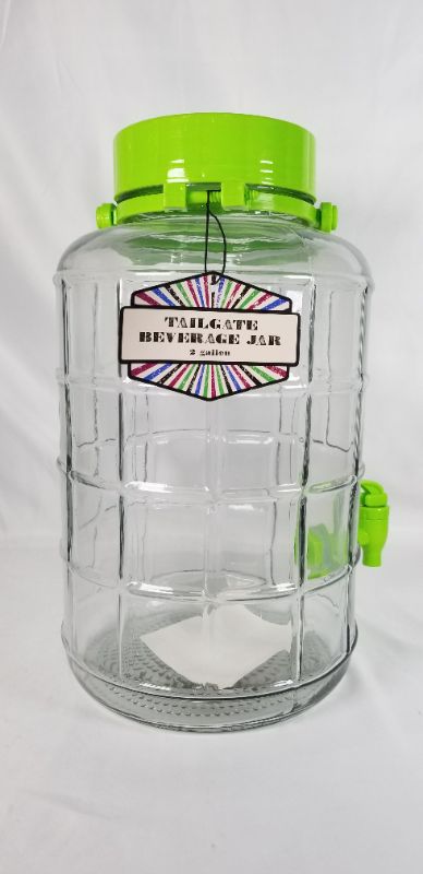 Photo 2 of 2 GALLON BEVERAGE GLASS JAR WITH GREEN PLASTIC HANDLE NEW