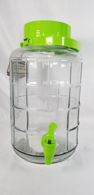 Photo 1 of 2 GALLON BEVERAGE GLASS JAR WITH GREEN PLASTIC HANDLE NEW