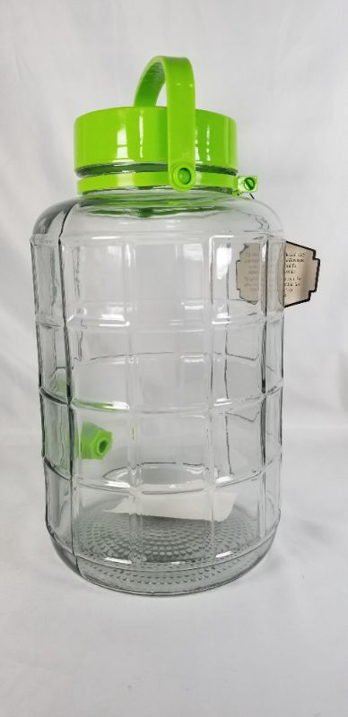 Photo 3 of 2 GALLON BEVERAGE GLASS JAR WITH GREEN PLASTIC HANDLE NEW