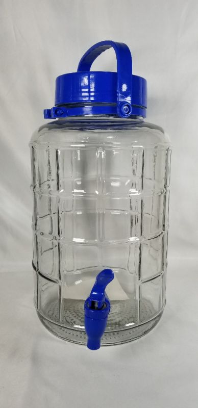 Photo 1 of 2 GALLON BEVERAGE GLASS JAR WITH BLUE PLASTIC HANDLE NEW