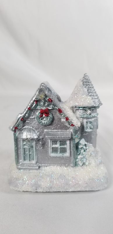 Photo 1 of MINI SILVER HOUSE CHRISTMAS DECOR WITH LED LIGHTS RESIN 3 X 2 X 3H INCHES NEW 