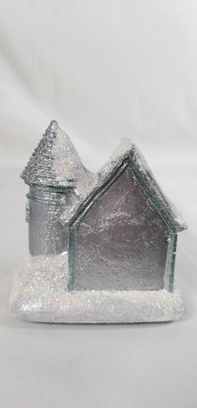 Photo 2 of MINI SILVER HOUSE CHRISTMAS DECOR WITH LED LIGHTS RESIN 3 X 2 X 3H INCHES NEW 