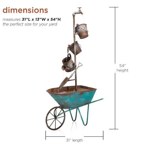 Photo 3 of OUTDOOR RUSTIC WHEELBARROW AND WATERING CAN MULTI TIER METAL FOUNTAIN 31L X 13WX 54H INCHES NEW