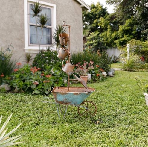 Photo 2 of OUTDOOR RUSTIC WHEELBARROW AND WATERING CAN MULTI TIER METAL FOUNTAIN 31L X 13WX 54H INCHES NEW