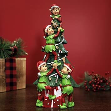 Photo 1 of ELVES DECORATING CHRISTMAS TREE STATUE WITH LED COLOR CHANGING LIGHTS  6 X 12H INCHES NEW