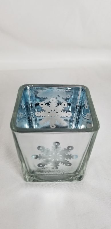 Photo 2 of SILVER SQUARE TEA LIGHT HOLDER WITH SNOWFLAKE DESIGN 2.5 X 2.75.3H INCHES NEW