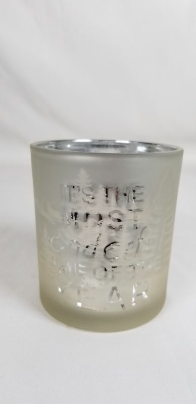 Photo 4 of SILVER OPAQUE GLASS SNOW SCENE CANDLE HOLDER THE MOST WONDERFUL TIME OF THE YEAR 2.3 X 3H INCHES NEW
