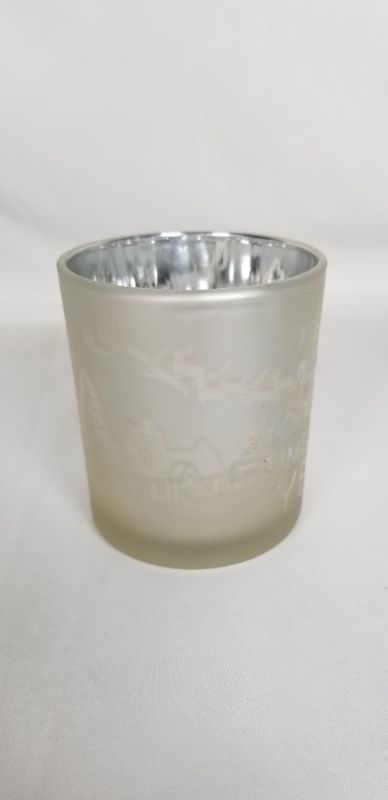 Photo 3 of SILVER OPAQUE GLASS SNOW SCENE CANDLE HOLDER THE MOST WONDERFUL TIME OF THE YEAR 2.3 X 3H INCHES NEW