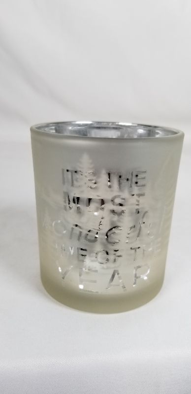 Photo 1 of SILVER OPAQUE GLASS SNOW SCENE CANDLE HOLDER THE MOST WONDERFUL TIME OF THE YEAR 2.3 X 3H INCHES NEW
