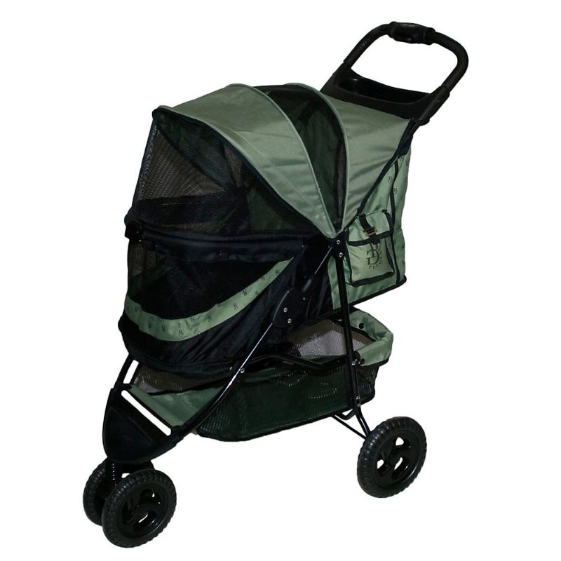 Photo 1 of GREEN AND BLACK 3 WHEEL PET STROLLER  WITH 2 CUP HOLDERS AND AN UNDER BASKET USED 