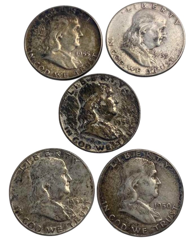 Photo 1 of 5 - FRANKLIN HALF DOLLARS 90% SILVER, 10% COPPER