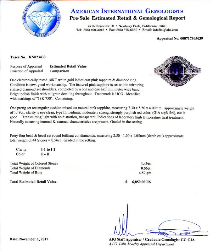 Photo 1 of ORIANNE 1.49ct PINK SAPPHIRE AND 0.56ctw DIAMOND 18K WHITE GOLD RING, TOTAL WEIGHT OF RING  4.57 g SIZE 6 1/4 WITH APPRAISAL  RN023430