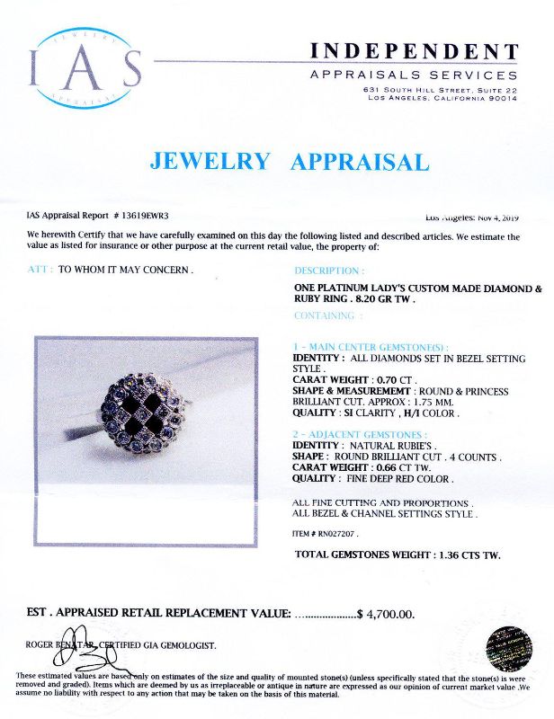 Photo 1 of ORIANNE 0.66ctw RUBY AND 0.70ctw DIAMOND PLATINUM RING, TOTAL WEIGHT OF RING 8.20 g , SIZE 7 1/4 WITH APPRAISAL RN027207