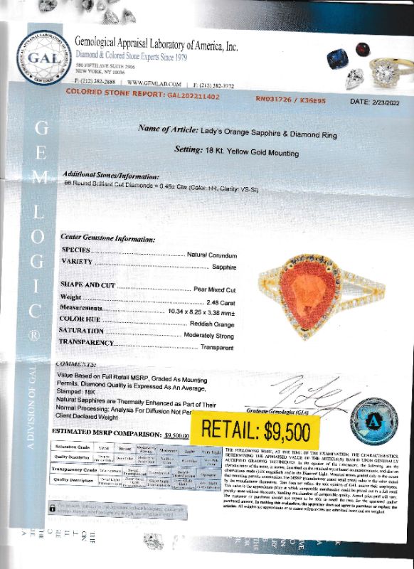 Photo 1 of ORIANNE 2.48ct REDDISH ORANGE SAPPHIRE AND 0.45ctw DIAMOND 18K YELLOW GOLD RING SIZE 7 WITH APPRAISAL 
RN031726