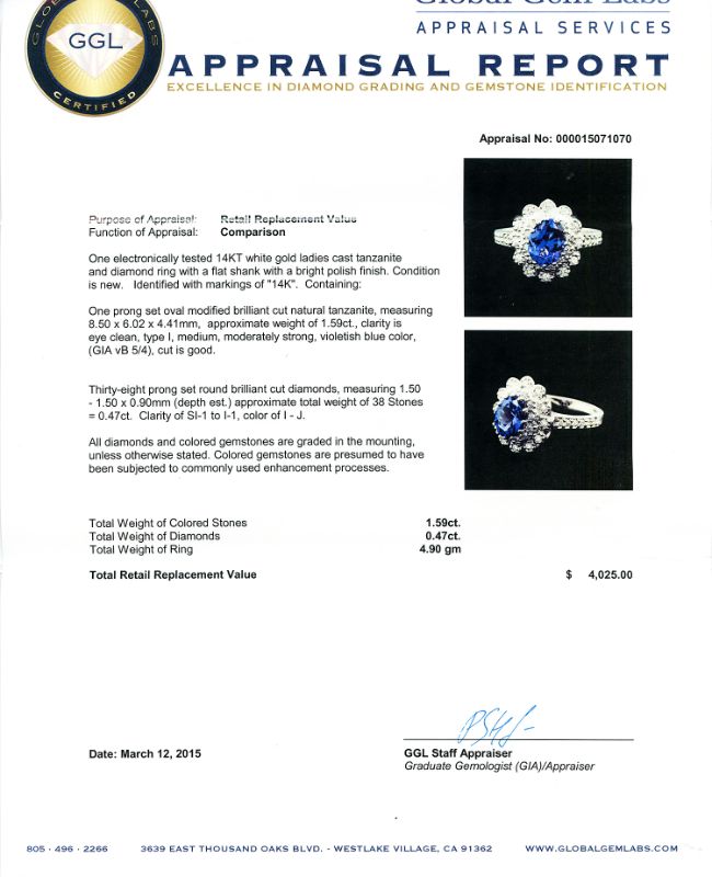 Photo 1 of ORIANNE 1.59ct TANZANITE AND 0.47ctw DIAMOND 14K WHITE GOLD RING,  TOTAL WEIGHT OF RING 4.90 g SIZE 7 WITH APPRAISAL RN024407
