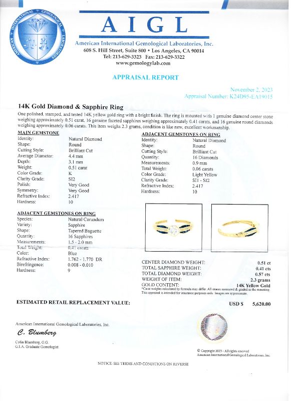 Photo 1 of ORIANNE 0.51ct K COLOR SI2 CLARITY CENTER DIAMOND AND 0.41ctw BLUE SAPPHIRE 14K YELLOW GOLD RING (0.57ctw Diamonds) WEIGHT OF ITEM: 2.3 grams, SIZE 6 3/4 WITH APPRAISAL RN035184