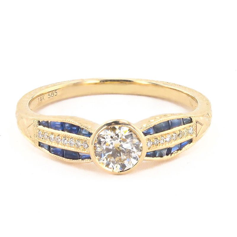 Photo 1 of ORIANNE 0.51ct K COLOR SI2 CLARITY CENTER DIAMOND AND 0.41ctw BLUE SAPPHIRE 14K YELLOW GOLD RING (0.57ctw Diamonds) WEIGHT OF ITEM: 2.3 grams, SIZE 6 3/4 WITH APPRAISAL RN035184