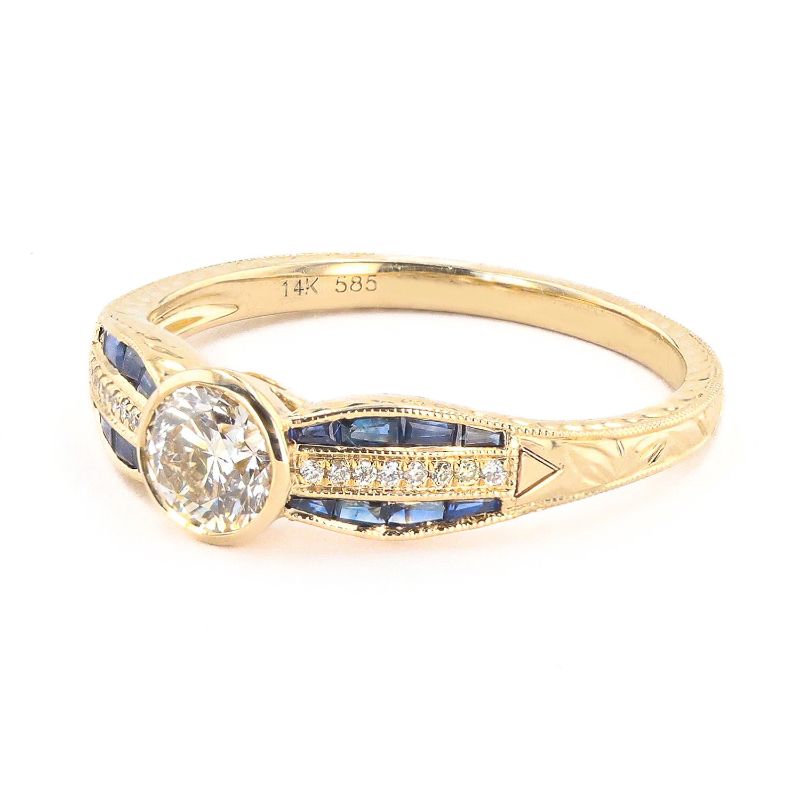 Photo 1 of ORIANNE 0.51ct K COLOR SI2 CLARITY CENTER DIAMOND AND 0.41ctw BLUE SAPPHIRE 14K YELLOW GOLD RING (0.57ctw Diamonds) WEIGHT OF ITEM: 2.3 grams, SIZE 6 3/4 WITH APPRAISAL RN035184