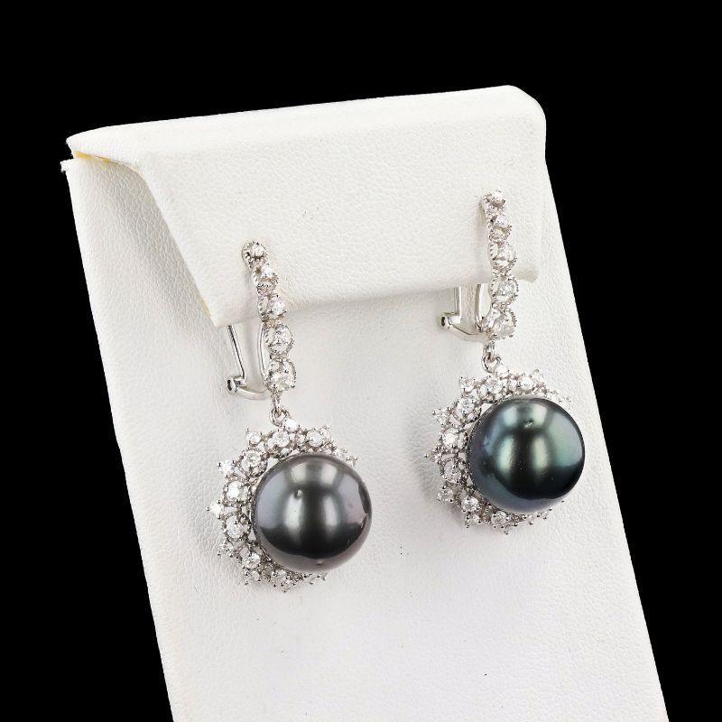 Photo 1 of ORIANNE 13MM TAHITIAN SOUTH SEA CULTURED PEARL AND 1.64ctw DIAMOND 14K WHTIE GOLD DANGLING EARRINGS, TOTAL WEIGHT 14.7g WITH APPRAISAL ER003126