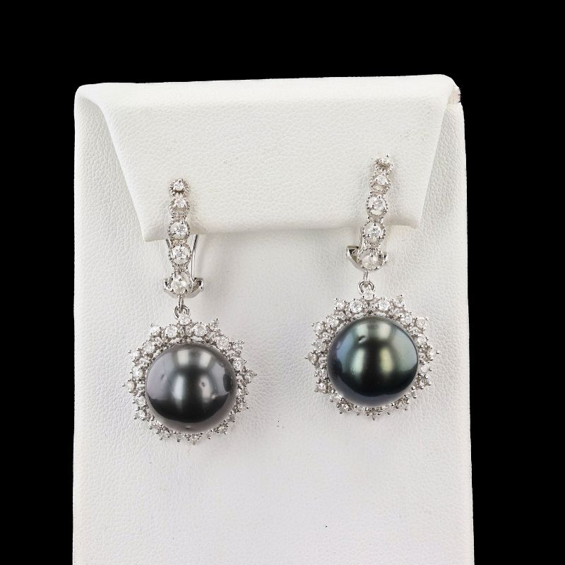 Photo 1 of ORIANNE 13MM TAHITIAN SOUTH SEA CULTURED PEARL AND 1.64ctw DIAMOND 14K WHTIE GOLD DANGLING EARRINGS, TOTAL WEIGHT 14.7g WITH APPRAISAL ER003126