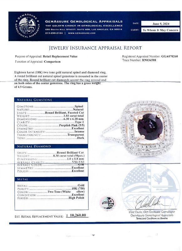 Photo 1 of ORIANNE 1.03ct PURPLISH PINK SPINEL AND 0.30ctw DIAMOND 18K WHITE AND YELLOW GOLD RING, TOTAL WEIGHT OF RING  4.9 g, SIZE 6 1/2 WITH APPRAISAL RN036588