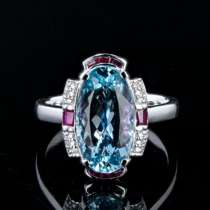 Photo 1 of ORIANNE 4.13ct AQUAMARINE AND 0.44ctw RUBY AND 0.08ctw DIAMOND PLATINUM RING, TOTAL WEIGHT OF ITEM: 8.8 g SIZE 7 WITH APPRAISAL RN037308