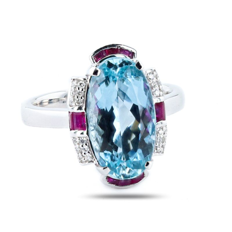 Photo 1 of ORIANNE 4.13ct AQUAMARINE AND 0.44ctw RUBY AND 0.08ctw DIAMOND PLATINUM RING, TOTAL  WEIGHT OF ITEM: 8.8 g SIZE 7 WITH APPRAISAL RN037308