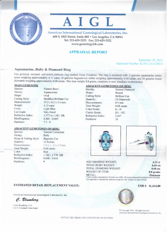 Photo 1 of ORIANNE 4.13ct AQUAMARINE AND 0.44ctw RUBY AND 0.08ctw DIAMOND PLATINUM RING, TOTAL WEIGHT OF ITEM: 8.8 g SIZE 7 WITH APPRAISAL RN037308